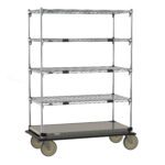The Metro ECM55XS Super Adjustable Super Erecta Cart boasts a stainless steel bottom shelf, four 24 x 48 wire shelves, and large rubber casters for easy mobility, ideal for industrial or commercial storage.