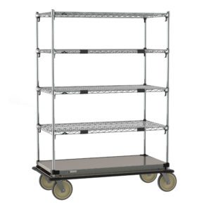 The Metro ECM55XS Super Adjustable Super Erecta Cart boasts a stainless steel bottom shelf, four 24 x 48 wire shelves, and large rubber casters for easy mobility, ideal for industrial or commercial storage.