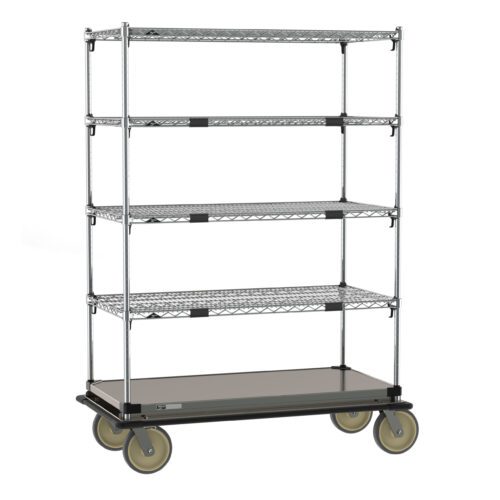 The Metro ECM55XS Super Adjustable Super Erecta Cart boasts a stainless steel bottom shelf, four 24 x 48 wire shelves, and large rubber casters for easy mobility, ideal for industrial or commercial storage.