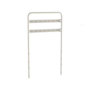 The Metro FL505 Flexline Overbridge with Computer/Monitor Mounting Kit integrates smoothly with a white, rectangular metal bed frame headboard. It features two horizontal support bars and multiple holes for adjustments, providing a sleek solution.