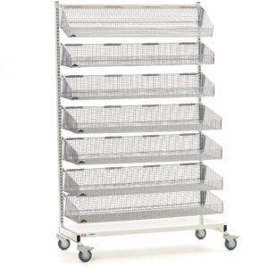 The Metro QB136-M7 qwikSIGHT Mobile Single-Sided 7-Basket Shelving Unit is a tall, wheeled shelving unit with seven metal mesh baskets stacked vertically. Each basket is inclined downwards for easy access. The frame is finished in white and measures approximately 36 L. Note: Actual dimensions may vary.
