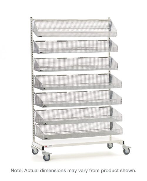 The Metro QB136-M7 qwikSIGHT Mobile Single-Sided 7-Basket Shelving Unit is a tall, wheeled shelving unit with seven metal mesh baskets stacked vertically. Each basket is inclined downwards for easy access. The frame is finished in white and measures approximately 36 L. Note: Actual dimensions may vary.