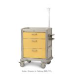 The Metro MBP0120ISO Basix Plus Isolation Cart features three yellow drawers, a wheeled base, an IV pole, a gray frame, and side compartments for additional storage, ensuring easy mobility and efficient access in healthcare settings.