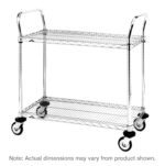 The Metro MW602 MW Series Utility Cart includes two stainless steel wire shelves and four caster wheels for versatility and mobility, with handles on both ends. Dimensions are 18 x 24 x 38, though actual size may vary.