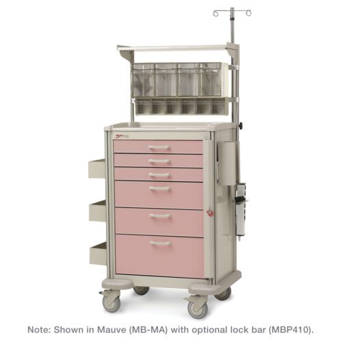gr7cn2c2gxhg1ssq3mh6wn0bjm09c778.jpg The mauve Metro MBP3210TRAUMA Basix Plus Trauma Cart offers five drawers, a clear top compartment, side storage shelves, an IV pole, and wheels for mobility. Optional custom features are available.