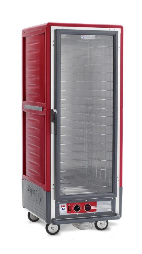 The Metro C539-HLFC-4 C5 3 Series Insulated Holding Cabinet is a full-height, mobile unit in red with a clear full-length door and bottom control knobs, featuring fixed wire slides for tray storage.