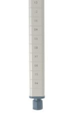 A close-up of a white optical disc stack on a MetroMax MQ13PE Industrial Shelving Post, 13 high and epoxy-coated steel, shows markings 13 to 04. A dark gray knob sits at the bottom, maintaining vertical orientation against a plain white background.