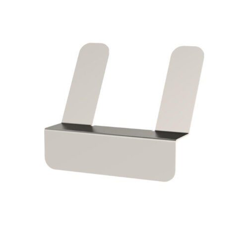 The Metro GB-HOOK Stainless Steel Gowning Bench Shoe Hook is a minimalist, white wall-mounted bracket with two vertical supports extending from a horizontal base, ideal for holding or displaying items against a plain white background.