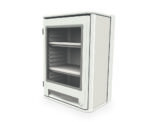 A 3D image of the Metro SXRSOH27P2C Starsys Overhead Cabinet highlights its white rectangular shape with a see-through front door, two shelves, and a small base drawer, all set against a plain white backdrop.