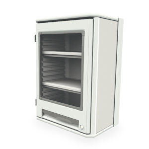 A 3D image of the Metro SXRSOH27P2C Starsys Overhead Cabinet highlights its white rectangular shape with a see-through front door, two shelves, and a small base drawer, all set against a plain white backdrop.