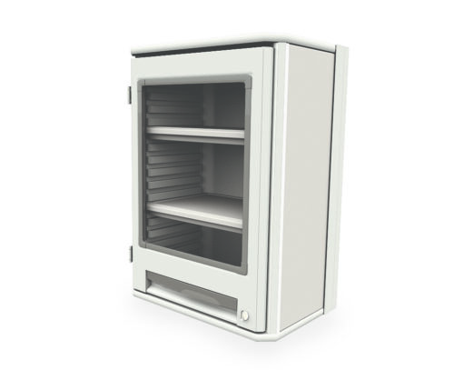 gslt394e0gi6pfldzgmnika030q3orpe.jpg A 3D image of the Metro SXRSOH27P2C Starsys Overhead Cabinet highlights its white rectangular shape with a see-through front door, two shelves, and a small base drawer, all set against a plain white backdrop.