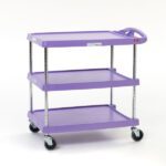 The Metro MY2030-24AP myCart Series is a sleek, purple, two-tiered utility cart with handles and wheels. Each 20 x 30 shelf offers ample storage space, supported by sturdy metal supports on a crisp white background.