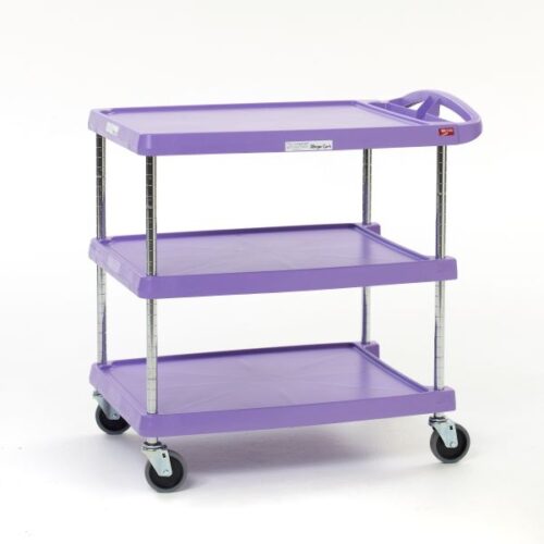 The Metro MY2030-24AP myCart Series is a sleek, purple, two-tiered utility cart with handles and wheels. Each 20 x 30 shelf offers ample storage space, supported by sturdy metal supports on a crisp white background.
