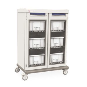 The Metro SXRDIVSTOR Starsys Secure IV Cart, double-wide with two transparent doors and six plastic trays, is a gray and white mobile cart ideal for secure medical supply storage in hospitals or clinics.