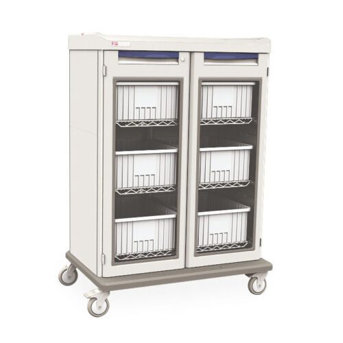 The Metro SXRDIVSTOR Starsys Secure IV Cart, double-wide with two transparent doors and six plastic trays, is a gray and white mobile cart ideal for secure medical supply storage in hospitals or clinics.