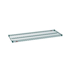 The Metro Super Erecta 2160NK3 Industrial Wire Shelf, measuring 21 x 60, is crafted with a Metroseal Green Epoxy metal wire frame featuring an open grid design and is highlighted by a label in one corner against a crisp white background.