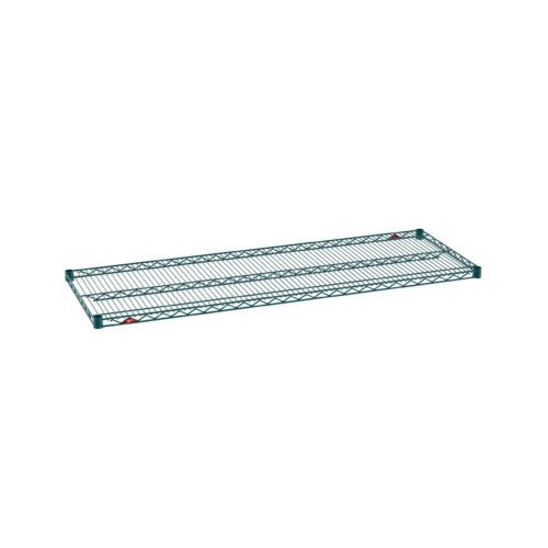The Metro Super Erecta 2160NK3 Industrial Wire Shelf, measuring 21 x 60, is crafted with a Metroseal Green Epoxy metal wire frame featuring an open grid design and is highlighted by a label in one corner against a crisp white background.