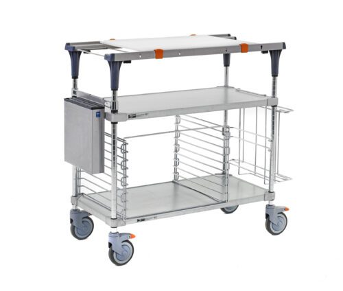 The Metro MS1836-FGFG-PK2 PrepMate MultiStation 36 Prep Station features solid galvanized top and bottom shelves with chrome posts, guardrails, two orange grips on the top shelf, a wire-barrier lower shelf, and an attached silver box.
