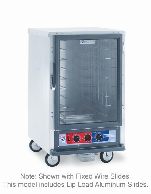 gvno6thv3tu4mmu8q34su6ku49z9sbv4.jpg The Metro C515-PFC-LA C5 1 Series is a 1/2 height metal proofing cabinet with a glass door, fixed wire slides, temperature control knobs, and sturdy wheels. It operates at 1440W and 120V, featuring durable lip load aluminum slides for convenience.