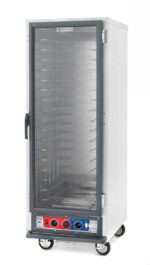 The Metro C519-CXFC-4 C5 1 Series is a tall, full-height, silver stainless steel holding/proofing cabinet with a glass front door. It features fixed wire slides, control knobs at the bottom, and is powered by 1681-2000W and 220-240V. Mounted on four wheels for easy mobility.