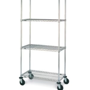 The Metro N436EBR Super Erecta Cart, Brite finish, is a versatile 21 x 36 x 67.875 wire shelving unit with four open grid shelves and stem caster wheels; variations in dimensions and caster materials may apply.
