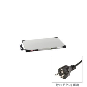 The Metro HSX2430-EU Super Erecta Hot Stainless Steel Heated Shelf, sized 24 x 30, features a silver heating plate with a black border, power cord, and Type F plug for 220-240V operation, showcasing modern utility and design.