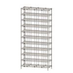 The Metro CRLS13NSBS Gowning Room Bootie and Shoe Rack is a tall multi-tiered unit, 14 W x 36 L x 74 H, featuring several wire shelves supported by vertical rods and adjustable feet, ideal for storage or organization.