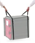 Two hands skillfully demonstrate the Mightylite MLS1 Carrying Strap for ML300, ML400, ML180, and ML180XL. The gray carrier box with a vibrant red side panel and secure latch lock stands out against a white background, highlighting the straps design and functionality.