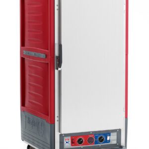 The Metro C537-CLFS-L insulated holding/proofing cabinet features a 3/4 height red exterior, full-length solid door, lip load aluminum slides, vented handle, and bottom temperature controls. Operating at 120V and 60Hz with a rugged commercial design.