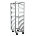 The Metro RD3N End-Load Pan Rack features 3 slide spacing for optimal storage or transport, measuring 21.5 x 29 x 69.75. Its sturdy open build is supported by four black caster wheels for easy mobility, and its silver finish adds a sleek touch.