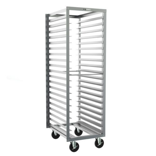 The Metro RD3N End-Load Pan Rack features 3 slide spacing for optimal storage or transport, measuring 21.5 x 29 x 69.75. Its sturdy open build is supported by four black caster wheels for easy mobility, and its silver finish adds a sleek touch.