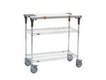 The Metro MS1836-BRBR-PK1 PrepMate MultiStation is a 36 prep station with Brite Zinc Wire top and bottom shelves, Chrome posts, four swiveling wheels for easy movement, black plastic handles, orange accents, and a white background.