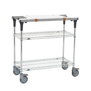 The Metro MS1836-BRBR-PK1 PrepMate MultiStation is a 36 prep station with Brite Zinc Wire top and bottom shelves, Chrome posts, four swiveling wheels for easy movement, black plastic handles, orange accents, and a white background.