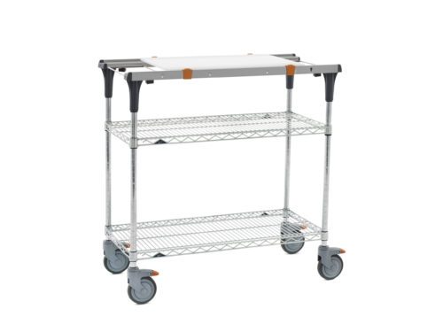 h39lyzmyhzcwpvylvwlxa6y7oc3qyu0o.jpg The Metro MS1836-BRBR-PK1 PrepMate MultiStation is a 36 prep station with Brite Zinc Wire top and bottom shelves, Chrome posts, four swiveling wheels for easy movement, black plastic handles, orange accents, and a white background.