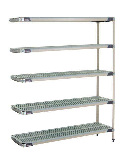 The MetroMax i 5AX367GX3 18 x 60 x 74 plastic shelving unit features five adjustable perforated shelves and four vertical supports, offering a versatile industrial design ideal for various storage needs.