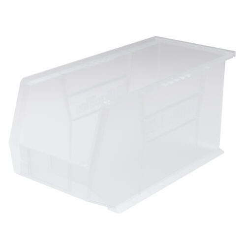 The Metro MB30265CLSH Supply Bin, measuring 18 x 8.25 x 9, features an open front for easy access. Its clear, rectangular design is optimized for organizing small items and stands out against a plain white background.
