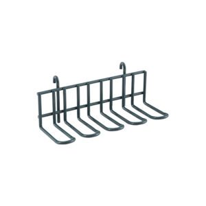 The Metro IWA-14K3 SmartWall Small Utensil Holder in Metroseal Green Epoxy is perfect for organizing with its five U-shaped hooks. It has two small hooks for easy wall mounting and boasts a minimalist design with a dark finish, ideal for modern spaces.