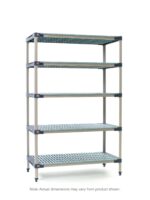 The MetroMax 4 5X527G4 5-Shelf Plastic Industrial Shelving Starter Unit features a metal structure, five adjustable shelves, and a durable open-grid design measuring 24 x 30 x 74. A note indicates dimensions may vary.