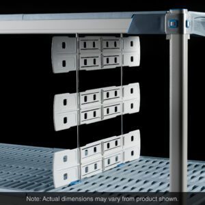 The Metro MD24-24 Shelf-to-Shelf Divider for Industrial Wire and Plastic Open Grid Shelves (24 L x 24 H) is shown with a metal unit. It has a flat, perforated surface and two white plastic dividers at the front, with dimensions possibly varying.