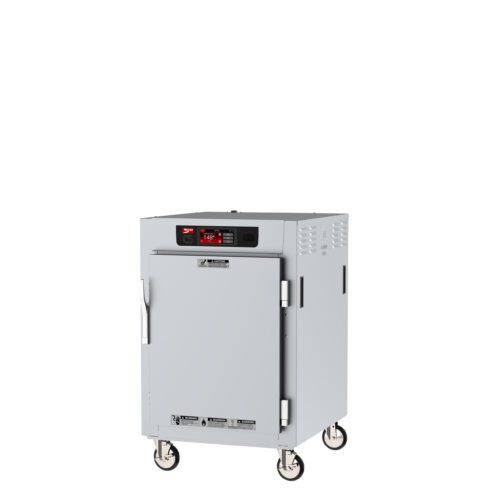 The Metro C585X-SFS-UPFC C5 8 Series Insulated Pass-Thru Holding Cabinet is a gray, rectangular unit with a full-length solid door and top control panel. Its mobile on four wheels, has side ventilation slots, universal wire slides, and a digital display for temperature settings in 50/60Hz.
