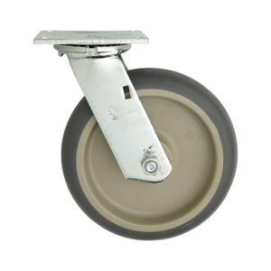 The Metro C8DA 8 High Modulus Donut Swivel C-Plate Caster, designed for made-to-order truck dollies, boasts a robust build with a metal mounting plate and bracket for full rotation. It has a gray rubber exterior and beige core for smooth mobility.