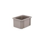 The Metro TB91060NAT Natural Gray Polypropylene Tote, measuring 8.25 x 10.875 x 6, is a rectangular storage bin with a smooth base and vertical side ridges. Its slightly flared top edge adds to its sturdy and durable appearance against the plain white backdrop.