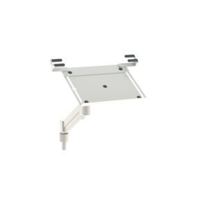 The Metro FL310SEC Flexline Articulating Arm with Secure Laptop Tray has a metal adjustable monitor mount and a flat rectangular base, allowing for flexible positioning with tilt and swivel features against a plain white background.