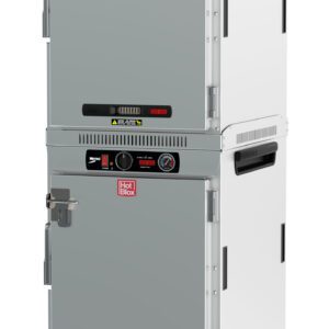 The Metro HBCW16-AS-T HotBlox features a dual-cavity design with solid doors and analog controls. It includes (2X) 120V, 60Hz, 875W power, NEMA 5-15P plugs, a latch and temperature gauge on each door, mounted on wheels for mobility.
