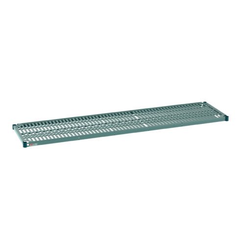 h9pc6lh2y1zu6d420zewtliwb54iel7u.jpg The Metro Super Erecta Pro PR1872NK3 Industrial Wire Restaurant Shelf, measuring 18 x 72, features a green metal slotted design and includes a removable plastic mat, perfect for storage or organization against a plain white background.