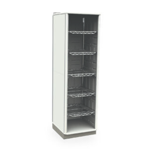 The Metro SXRS72TU4 Starsys Stationary Supply Cabinet features a sleek white metal design with a tall, narrow frame and open front, offering flexible storage through adjustable wire shelves.