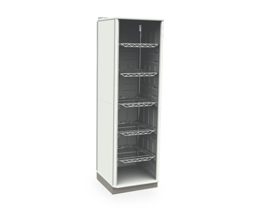 hb0safm6vua354feq4e4kx6urr4dw6n8.jpg The Metro SXRS72TU4 Starsys Stationary Supply Cabinet features a sleek white metal design with a tall, narrow frame and open front, offering flexible storage through adjustable wire shelves.