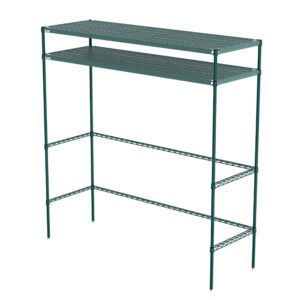 The Metro CR247274PRH2 Super Erecta Pro Overhead Storage is a minimalist docking station that features a green metal frame with two wire shelves, measuring 24 x 72 x 74, ideal for overhead storage.