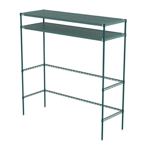 The Metro CR247274PRH2 Super Erecta Pro Overhead Storage is a minimalist docking station that features a green metal frame with two wire shelves, measuring 24 x 72 x 74, ideal for overhead storage.