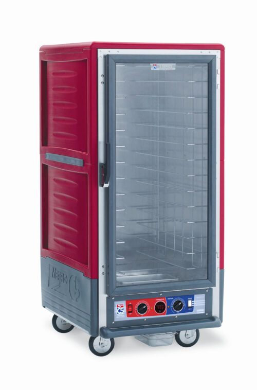 The Metro C537-CFC-4A C5 3 Series is a red insulated holding/proofing cabinet with wheels, 3/4 height, and a full-length clear door. It features fixed wire slides and a temperature control knob on the 120V bottom front panel, designed for transporting and keeping food warm.